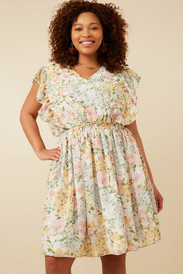 HY7131W Off White Plus Soft Floral Ruffle Detail Surplice Dress Front